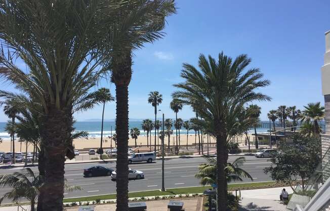 a view of the beach from a hotel balcony with palm trees