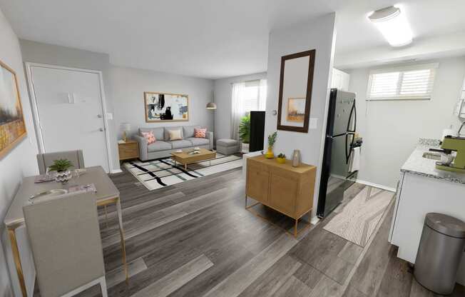 a spacious living room with hardwood flooring and white walls