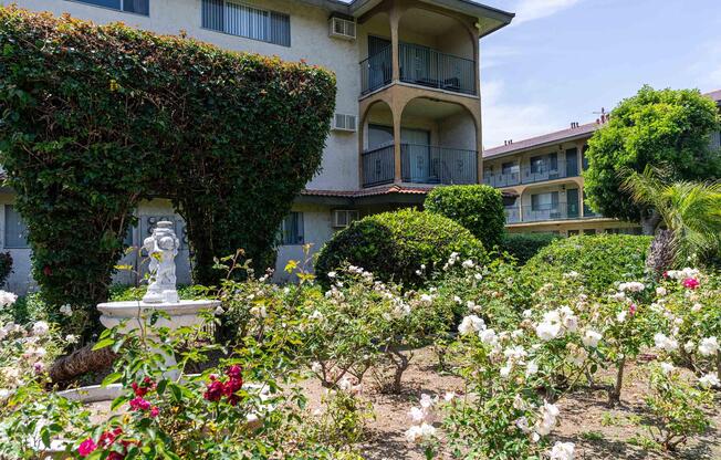 a close up of a flower garden in front of a house