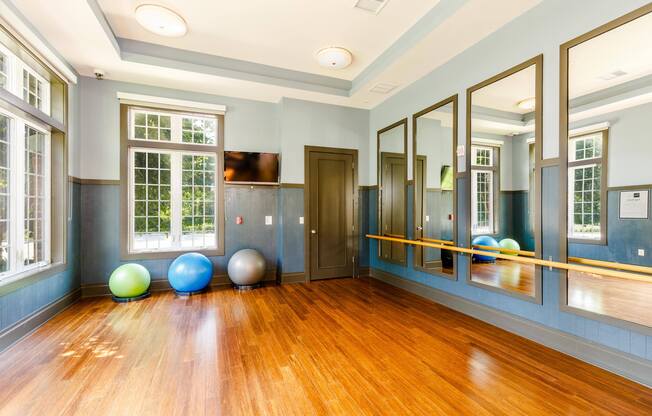 A room with wooden floors and a mirrored wall.