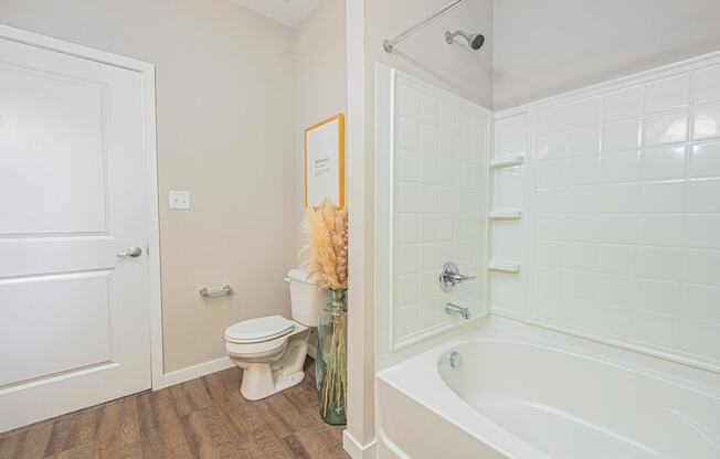 a bathroom with a shower and a toilet and a tub