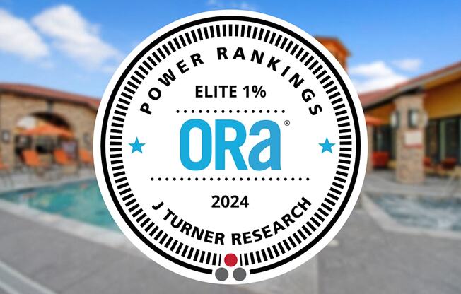 A badge with the text "POWER RANKINGS ELITE 1%" and "ORA 2024" is displayed in front of a poolside scene.