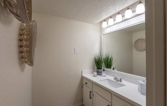 This is a photo of the bathroom vanity in a 692 square foot 1 bed, 1 bath model aprtment at Cambridge Court Apartments in Dallas Texas