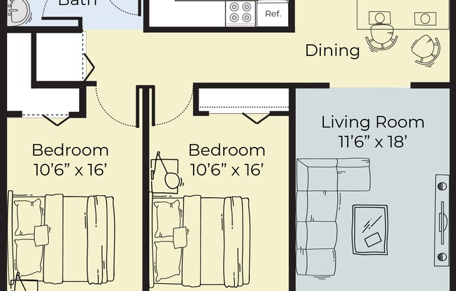 The Auburn 2-Bedroom 1.5 Bath Floor Plan | Princeton Place Apartments | Worcester, MA