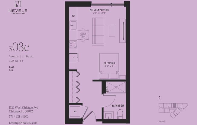 Studio, 1 bath, 459 sqft, $2,045, Unit 604