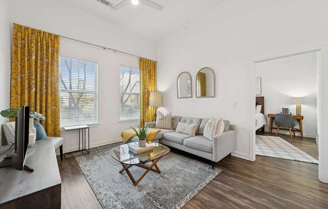 A living room with a grey couch, a coffee table, and a television.