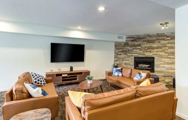 a living room with couches and a fireplace and a tv