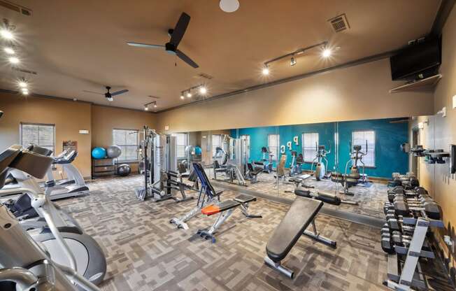 a gym with cardio equipment and weights on a tiled floor