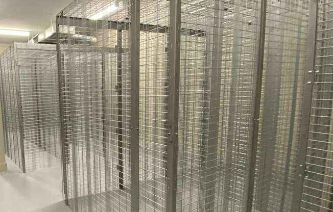 A room with large floor-to-ceiling storage lockers for residents at The Flats at Tioga Town Center.