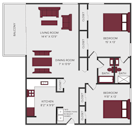 2 beds, 2 baths, 1,072 sqft, $1,330