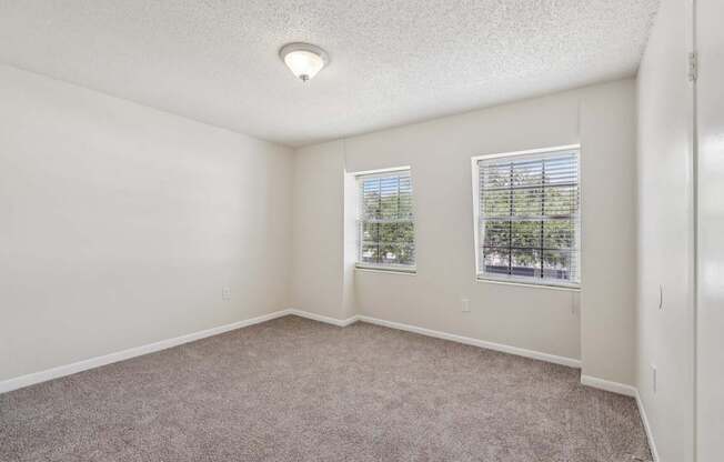 A room with carpeted floor and two windows.