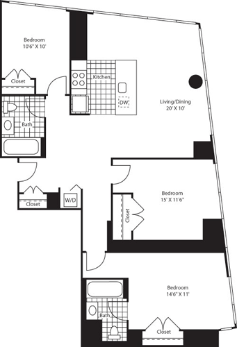 3 beds, 2 baths, 1,290 sqft, $5,599, Unit 3304