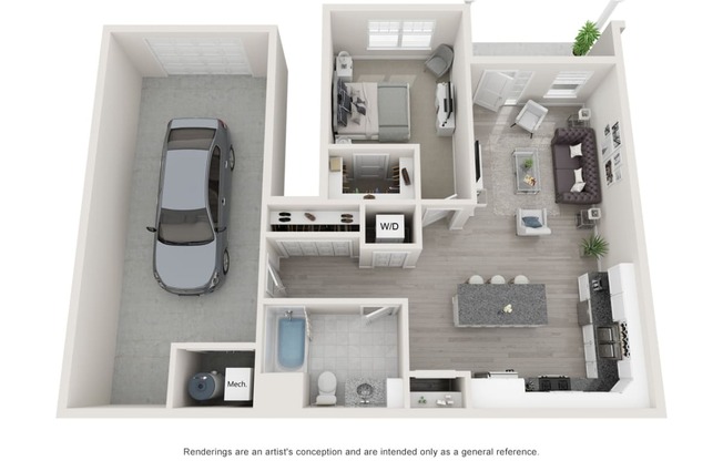 a floor plan of a 1 bedroom floor plan with a car and a balcony