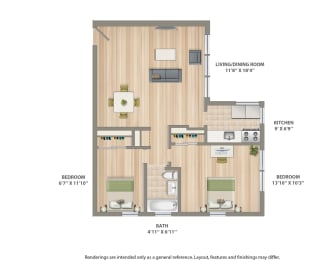 2 beds, 1 bath, 742 sqft, $1,312