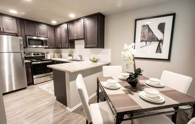 view from dining area into kitchen