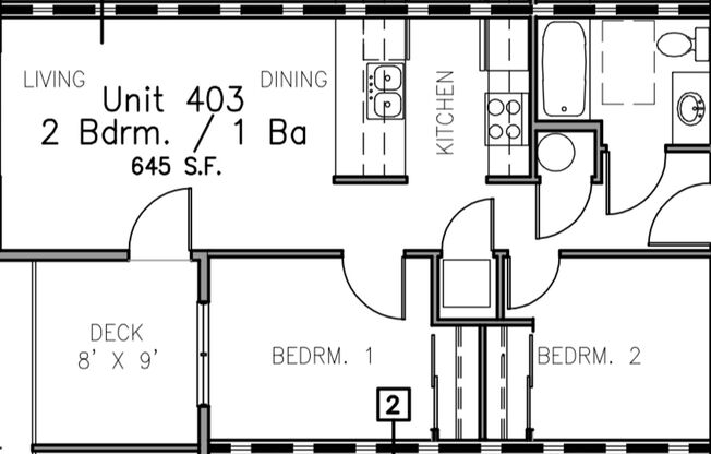 2 beds, 1 bath, 645 sqft, $1,800, Unit 403