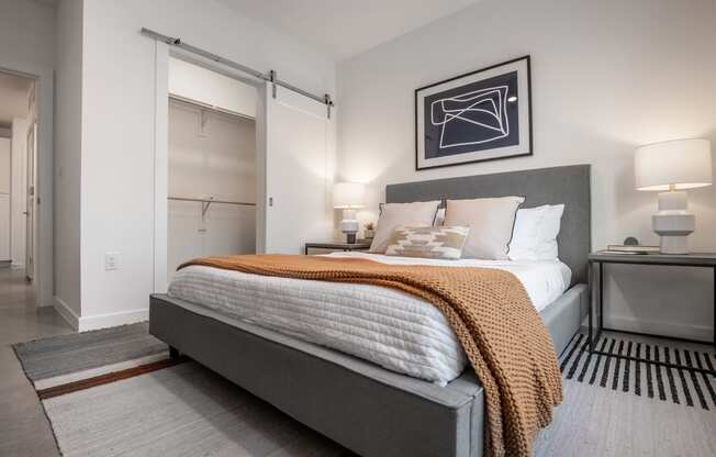 a bedroom with a bed and a closet