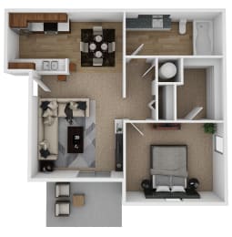 1 Bedroom 1 Bath 3D Floorplan River Oaks Villas Apartments in San Marcos, Texas