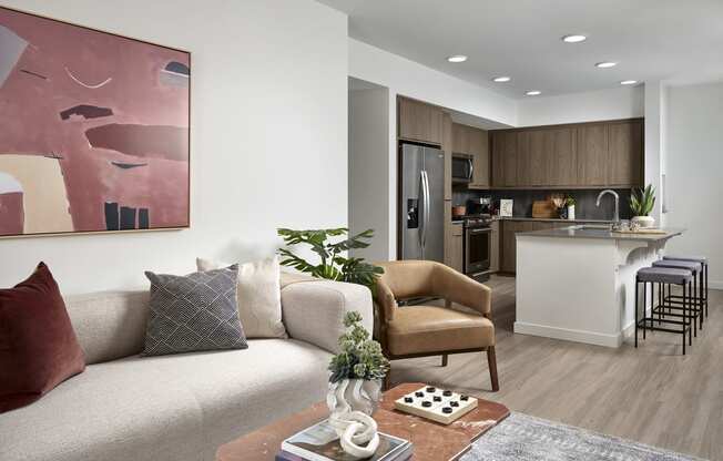 a living room and kitchen in a model apartment