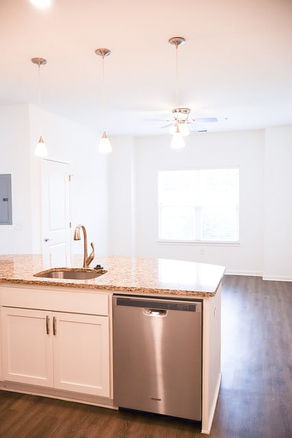 a kitchen with a sink and a stainless steel dishwasher