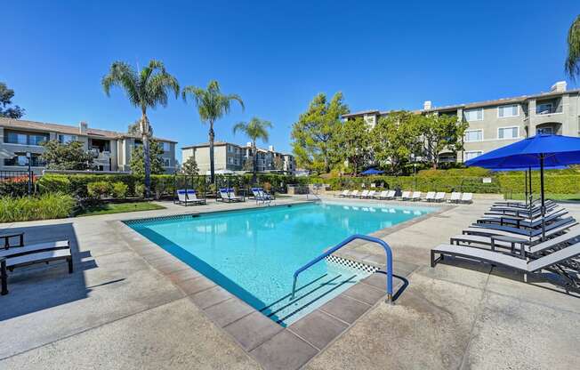 A swimming pool surrounded by sun loungers and palm trees.