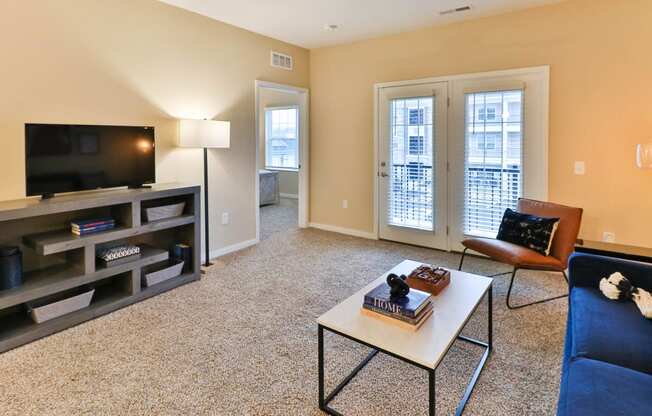 a living room with a couch and a coffee table and a television