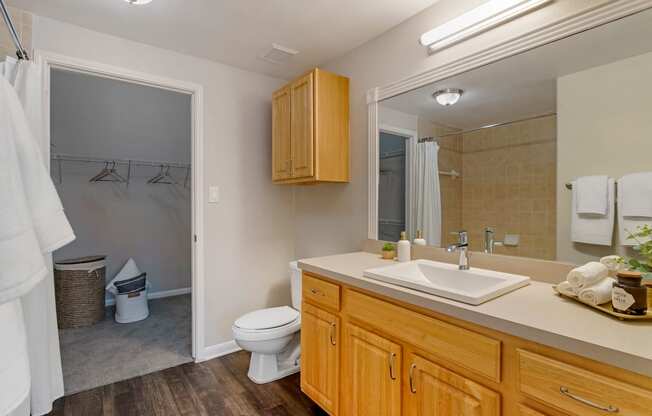 a bathroom with a toilet and a sink and a mirror at Madison on the Meadow, Stafford