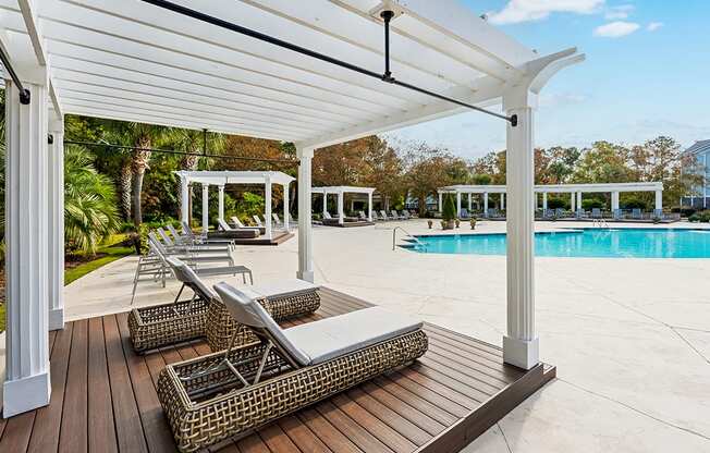 Cabana with chaise lounge at The Reserve at Mayfaire Apartments, Wilmington NC