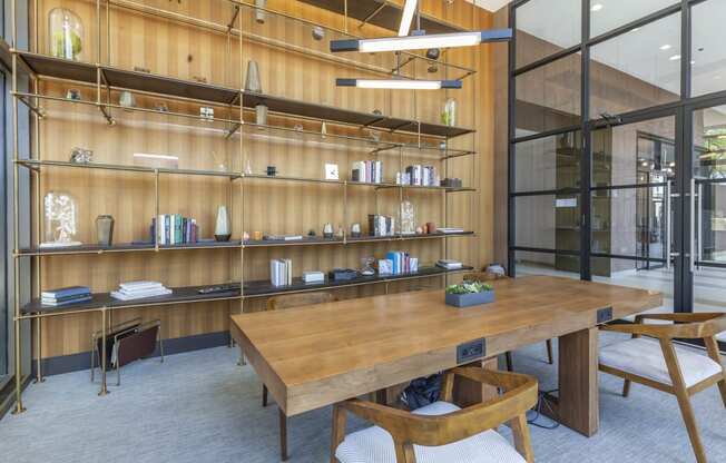 a conference room with a wooden table and shelves at North Harbor Tower, Chicago, IL