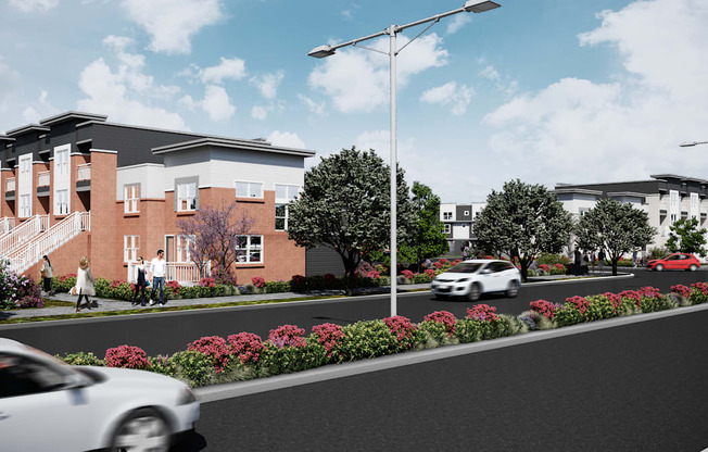 a rendering of a townhome building with vehicles driving and people walking in front of it