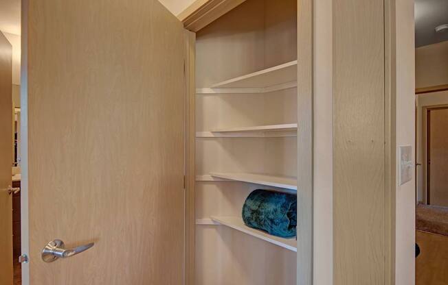 A practical storage closet here at Vue at Pinnacle Park with built-in corner shelving, multiple tiers for organization, and easy hallway access for convenient everyday storage.