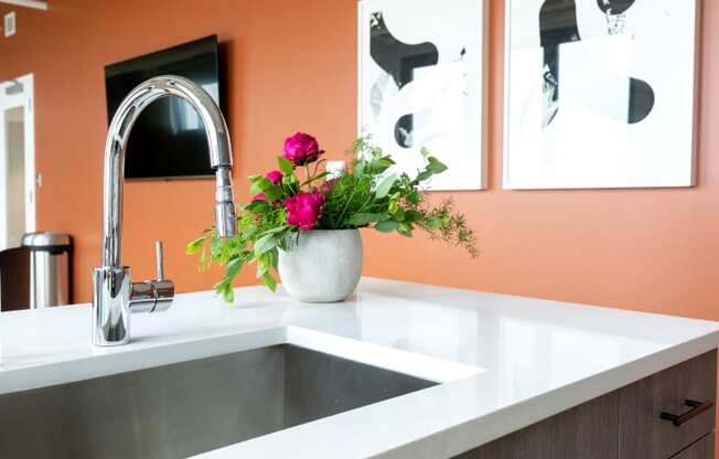 a kitchen sink with a vase of flowers on the counter