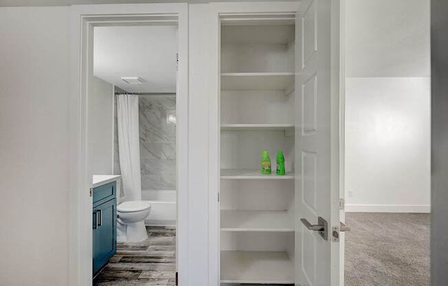 A bathroom with a toilet, a shower, and a cabinet with a door open to a hallway.