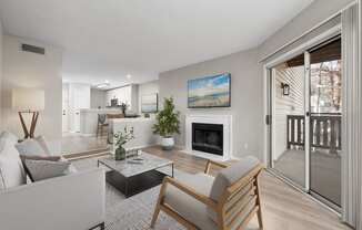 A modern living room with a fireplace and a painting on the wall.