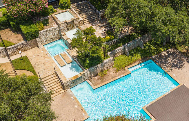an aerial view of a resort style pool and spa at Sunset Canyon, San Antonio, TX, 78232