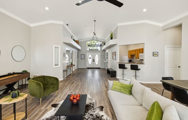 a living room with a couch and a table