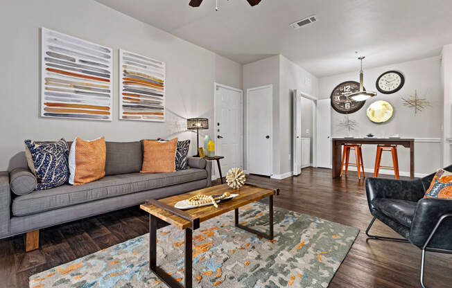 a living room with a couch and a coffee table