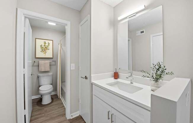 A white bathroom with a toilet, sink, and mirror.