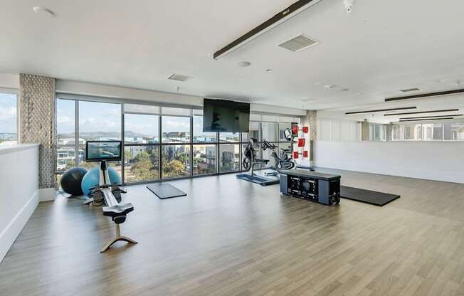 A spacious room with a wooden floor, a television, and exercise equipment.