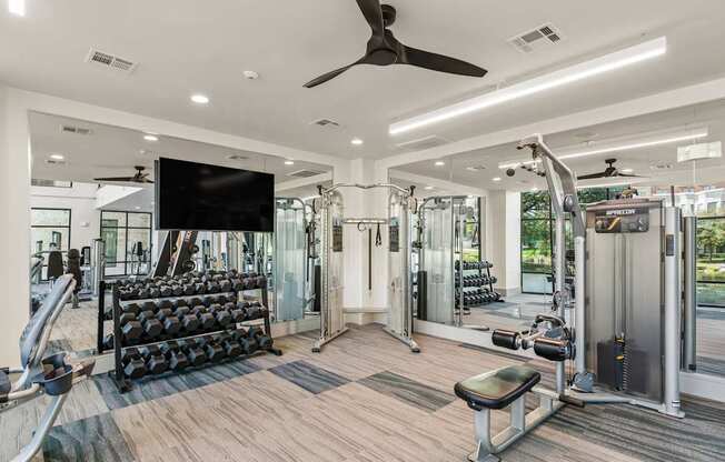 A spacious gym with a variety of equipment including dumbbells, weight machines, and a flat screen TV.