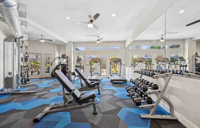 A gym with a variety of equipment including weights and benches.
