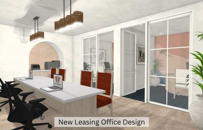 a 3d rendering of an office with a desk and chairs