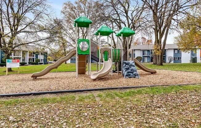 a playground with two slides and three trees at Renew Madison, Madison, 53711