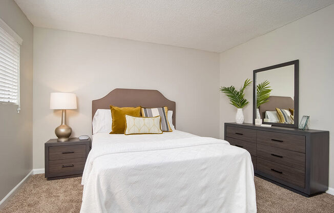 Comfortable Bedroom With Pillow at Parc at 5 Apartments, Downey, CA, 90240