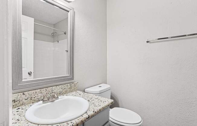 A bathroom with a sink, toilet, and mirror.