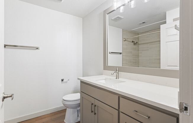 a bathroom with a sink and a toilet and a mirror at The Legends at Eagle Mountain Lake, Fort Worth