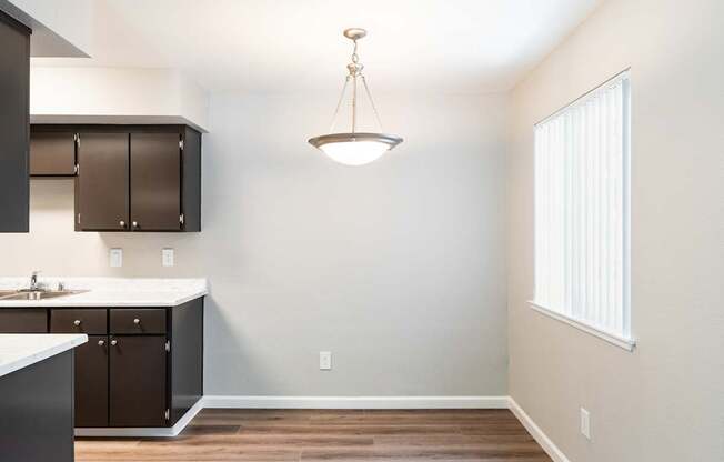 A kitchen with a sink and a window.