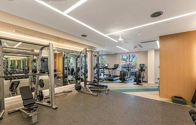 a gym with cardio machines and weights on the floor