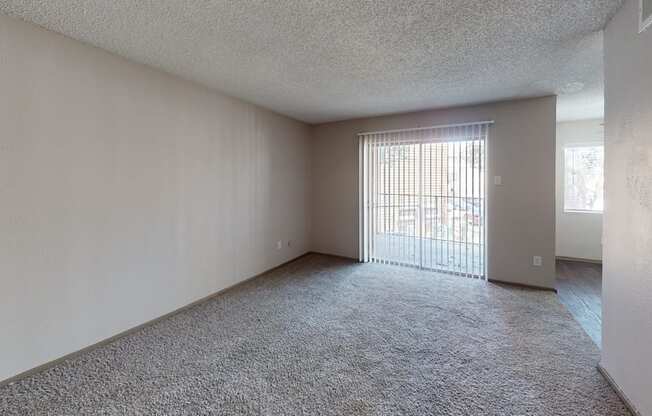 A room with a carpeted floor and a sliding glass door.
