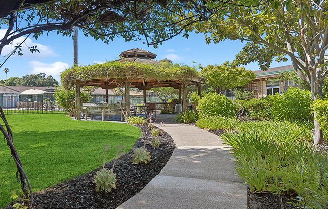 Gazebo with plants on top and a sidewalk at Walnut Creek Manor Apartments in Walnut Creek, CA